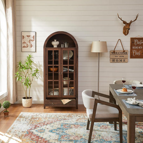 71" Tall Arched Cabinet, Modern Farmhouse Wooden Display Cabinet with Drawer and Glass Doors, 6 Tier Bookshelf w/Adjustable Shelves for Living Room, Office, Walnut WINWY