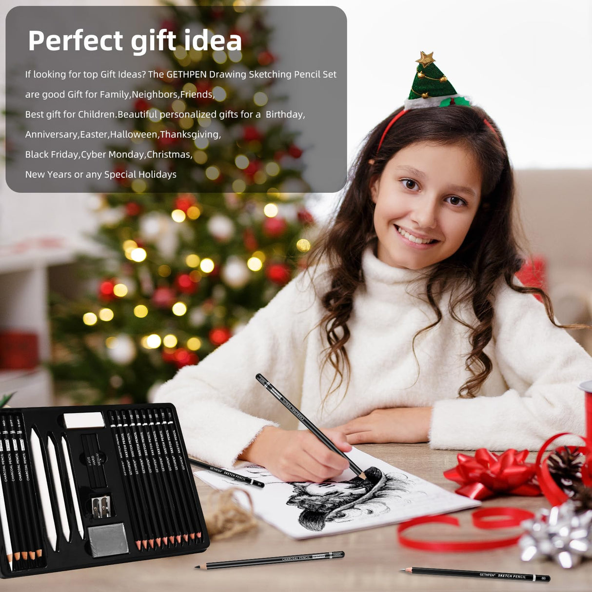 Drawing Sketching Pencil Set, 24 Piece Pro Artist Sketch Kit - Graphite Pencils (12B-4H),Charcoal Pencils for Drawing,Black and White Charcoal Pencils,Charcoal Sticks,Stumps,Eraser,Sharpeners GETHPEN