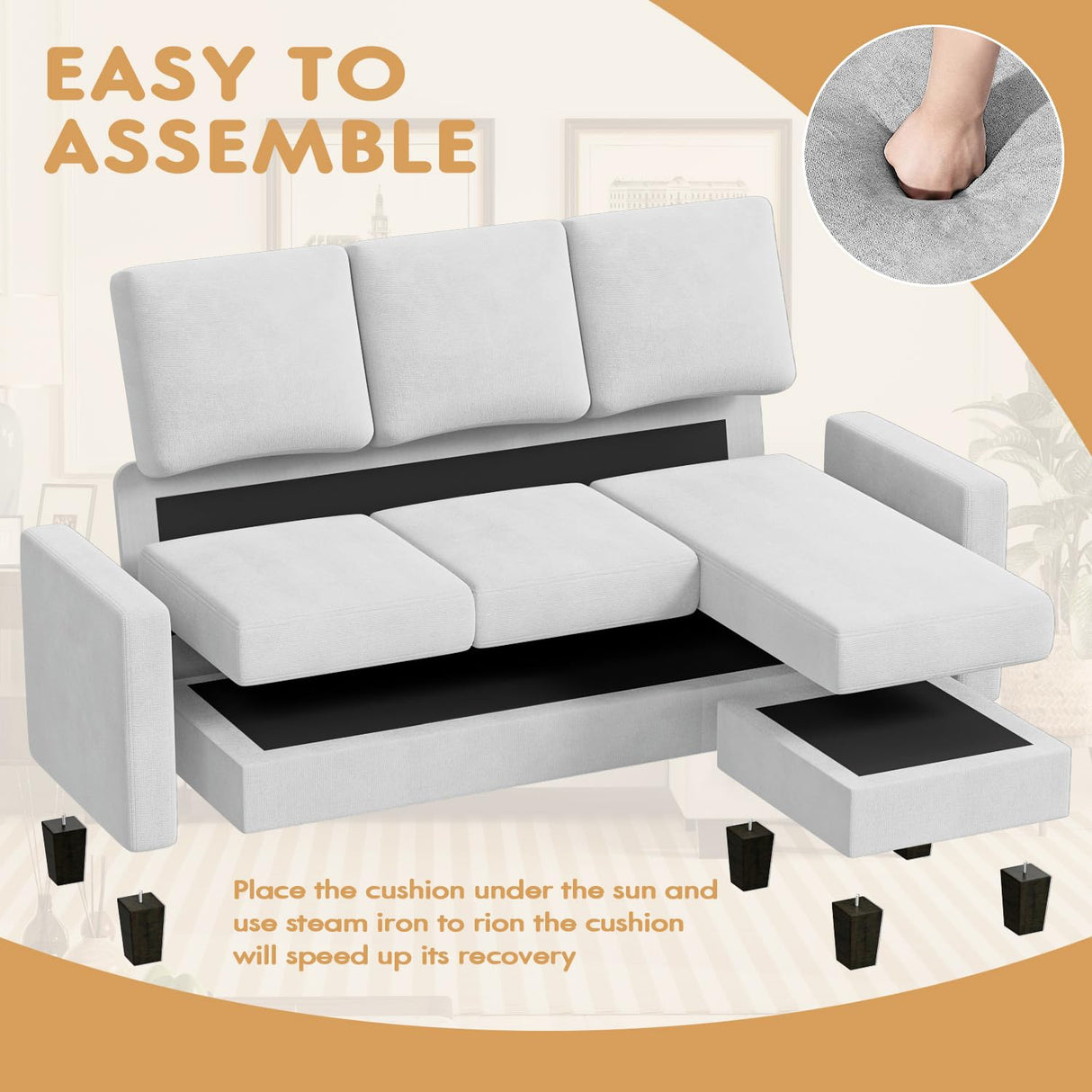 YESHOMY Convertible Sectional 3 L-Shaped Couch Soft Seat with Modern Linen Fabric, Small Space Sofas for Living Room, Apartment and Office, 70'', White YESHOMY