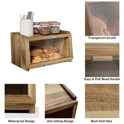 Acacia Wood Bread Box for Kitchen Countertop, Large Wooden Bread Storage Container, with Clear Window Back Air Vent and Anti-falling Design, Bread Boxes for Keeping Food Fresh in Home and Kit - WoodArtSupply