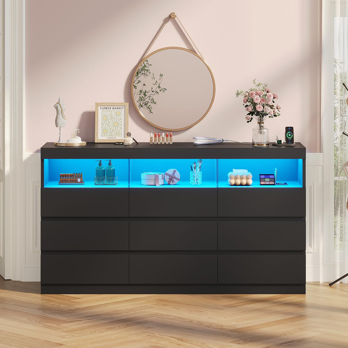 BTHFST Dresser Chest of Drawers with RGB Lights, Power Outlet & Open Shelves, 56.7" W Wood Bedroom Dresser, No-Handle Modern Dresser for Living Room Entryway, Black BTHFST