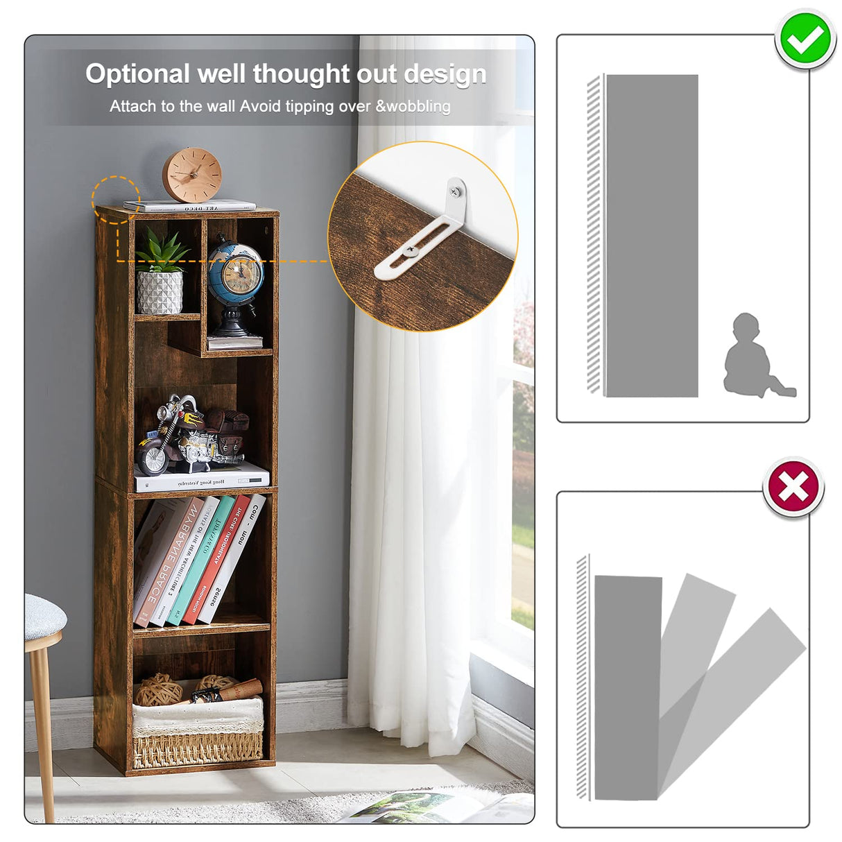 VECELO Small Bookshelf, 5 Cube Slim Bookcase, Fits Tallest Hardcovers, Horizontal Available, Modern Floor Standing Unit, Each Shelf Hold Up to 66 LBS, Vintage Brown VECELO