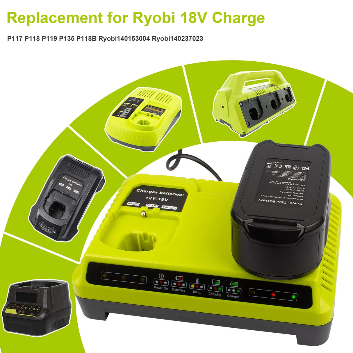 Futurebatt Dual Charging Port P117 Quick Charger (Multi-Chemistry) for Ryobi 12V-18V ONE+ NiCd/NiMh/Lithium Tools Battery Charging Station fit P100 P102 P103 P105 P107 P108 P122 P189 P191 P197 Futurebatt
