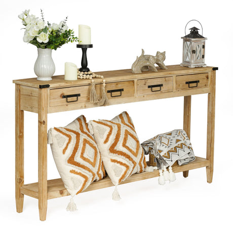 RUSTOWN Farmhouse Console Table with 4 Drawer, 60" Long Rustic Entryway Table with Open Storage Shelves and Handmade Metal Handle, Narrow Foyer Sofa Table for Living Room, Entryway, Hallway(Natural) RUSTOWN
