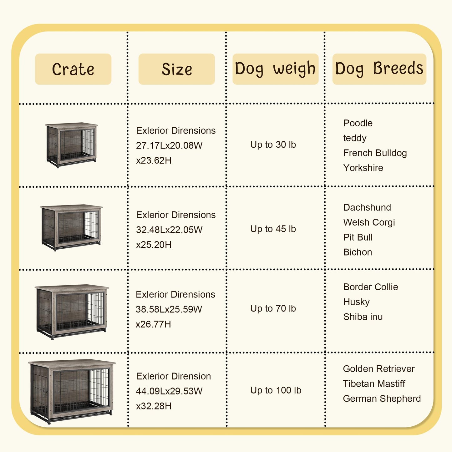 JY QAQA Dog Crate Furniture, Wooden Dog Crate Table, Double-Doors Dog Furniture, Indoor Dog Kennel, Dog House, Dog Cage/Grey/XL - WoodArtSupply