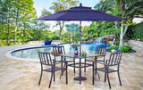 PHI VILLA 5 Piece Outdoor Dining Set with 10ft Umbrella, 37" Square Metal Dining Table & 4 Stacking Metal Chair with 3 Tier Navy Umbrella for Patio, Deck, Yard, Porch PHI VILLA