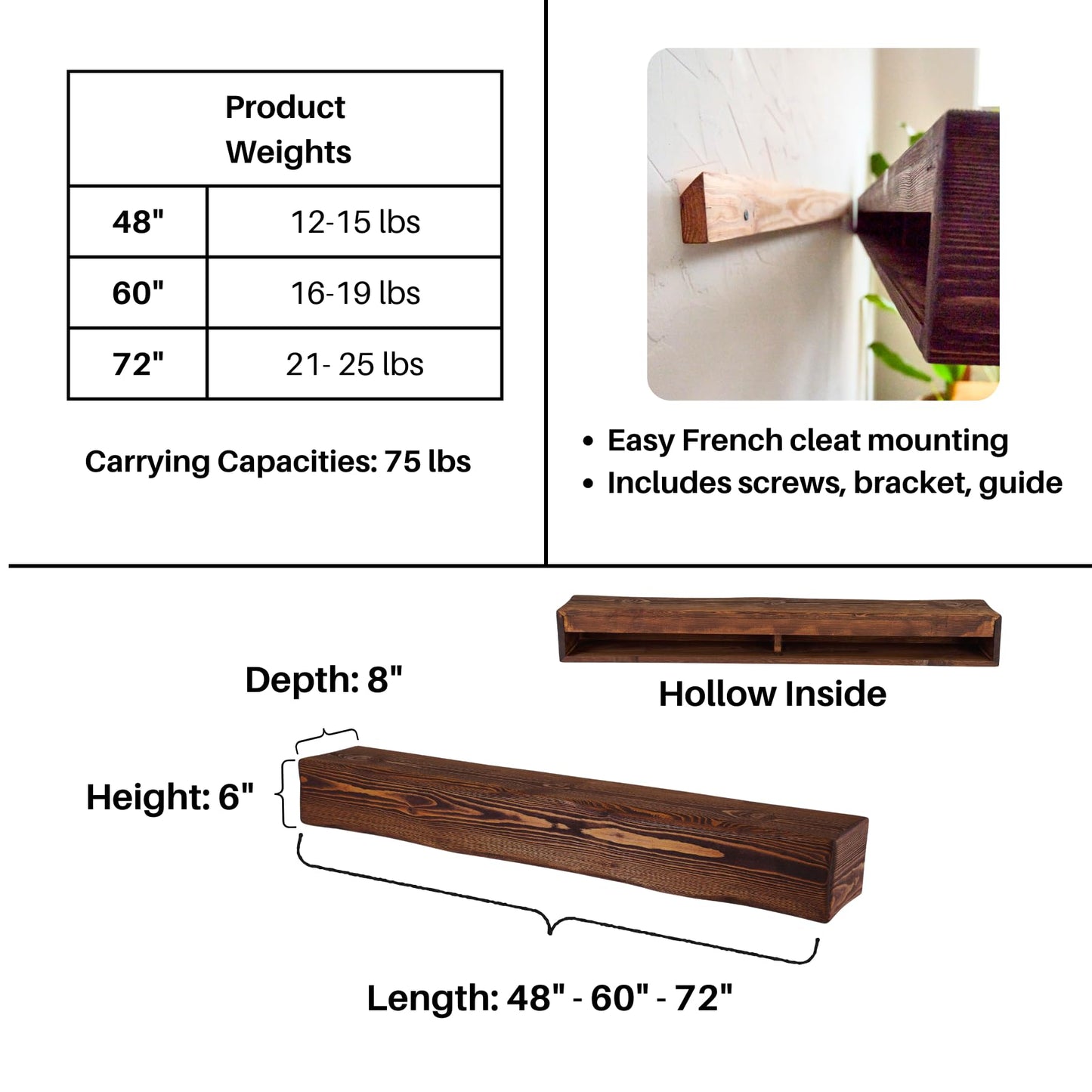 Adorwood Handmade Fireplace Mantel Shelf 72", Rustic Wood Mantles for Over Fireplace, Wall Mounted Floating Mantel Shelves for Living Room Decor (Light Walnut, 72Lx6Hx8D)