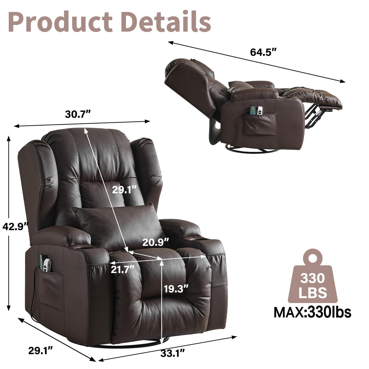 OQQOEE Power Recliner Chair,Electric Swivel Rocker Recliner,Glider Rocking Chairs Home Theater Seating with Massage Heat,Cup Holders,USB Ports for Living Room (Brown PU) OQQOEE