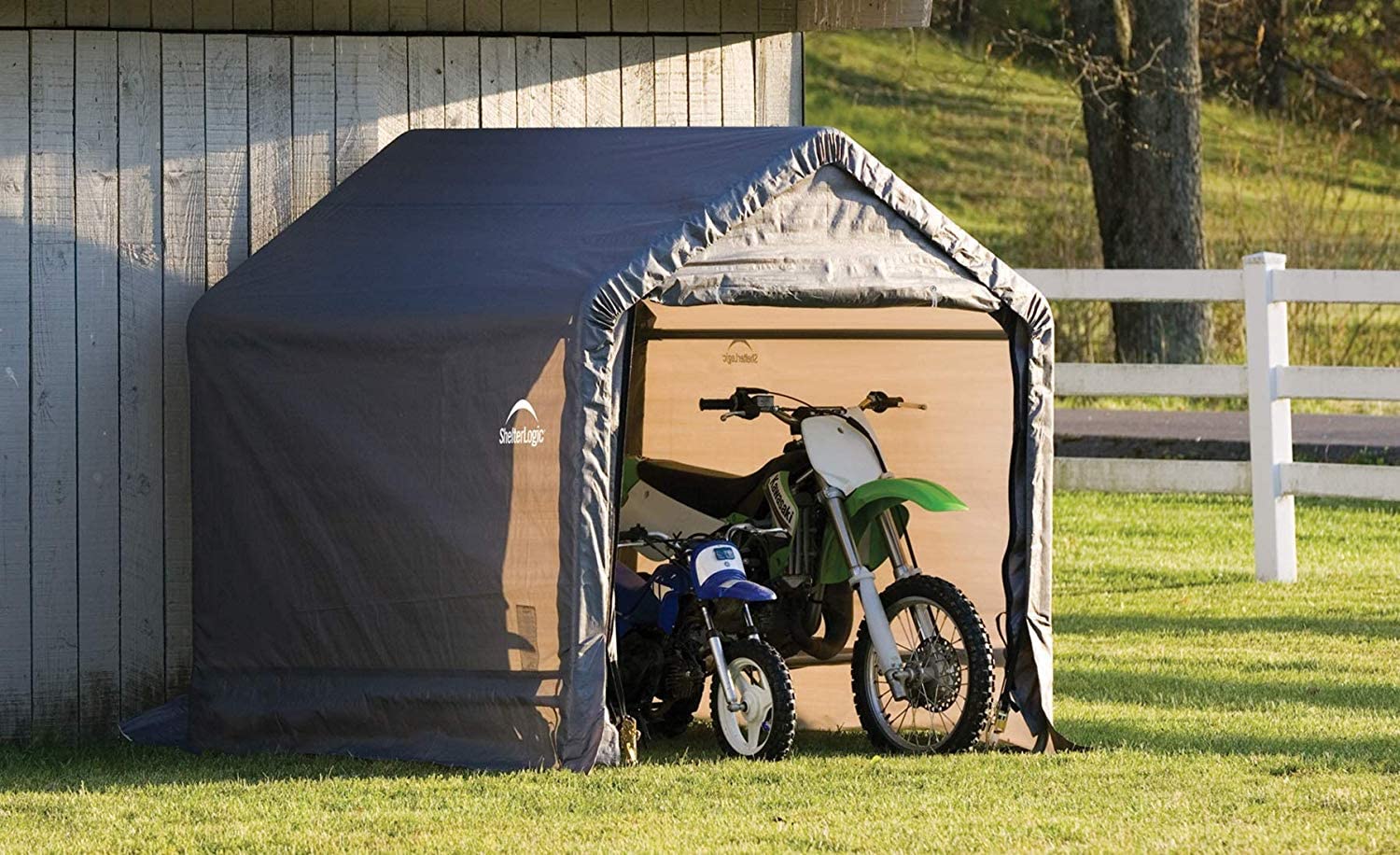 ShelterLogic 6' x 6' Shed-in-a-Box All Season Steel Metal Frame Peak Roof Outdoor Storage Shed with Waterproof Cover and Heavy Duty Reusable Auger Anchors, Grey - WoodArtSupply