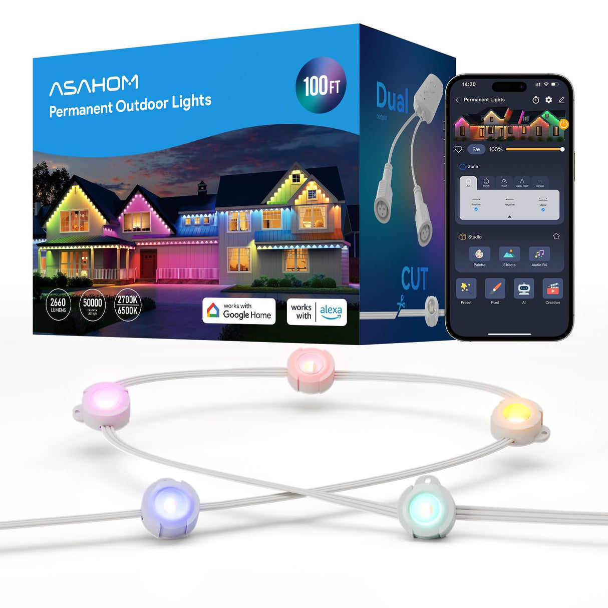 ASAHOM AI Permanent Outdoor Lights S107B, 100FT with 72 RGBCW LED Lights and Dual Output, 30,000 Lighting Effect Combination, IP67 Waterproof for House Halloween Christmas and Daily Decoration, White ASAHOM