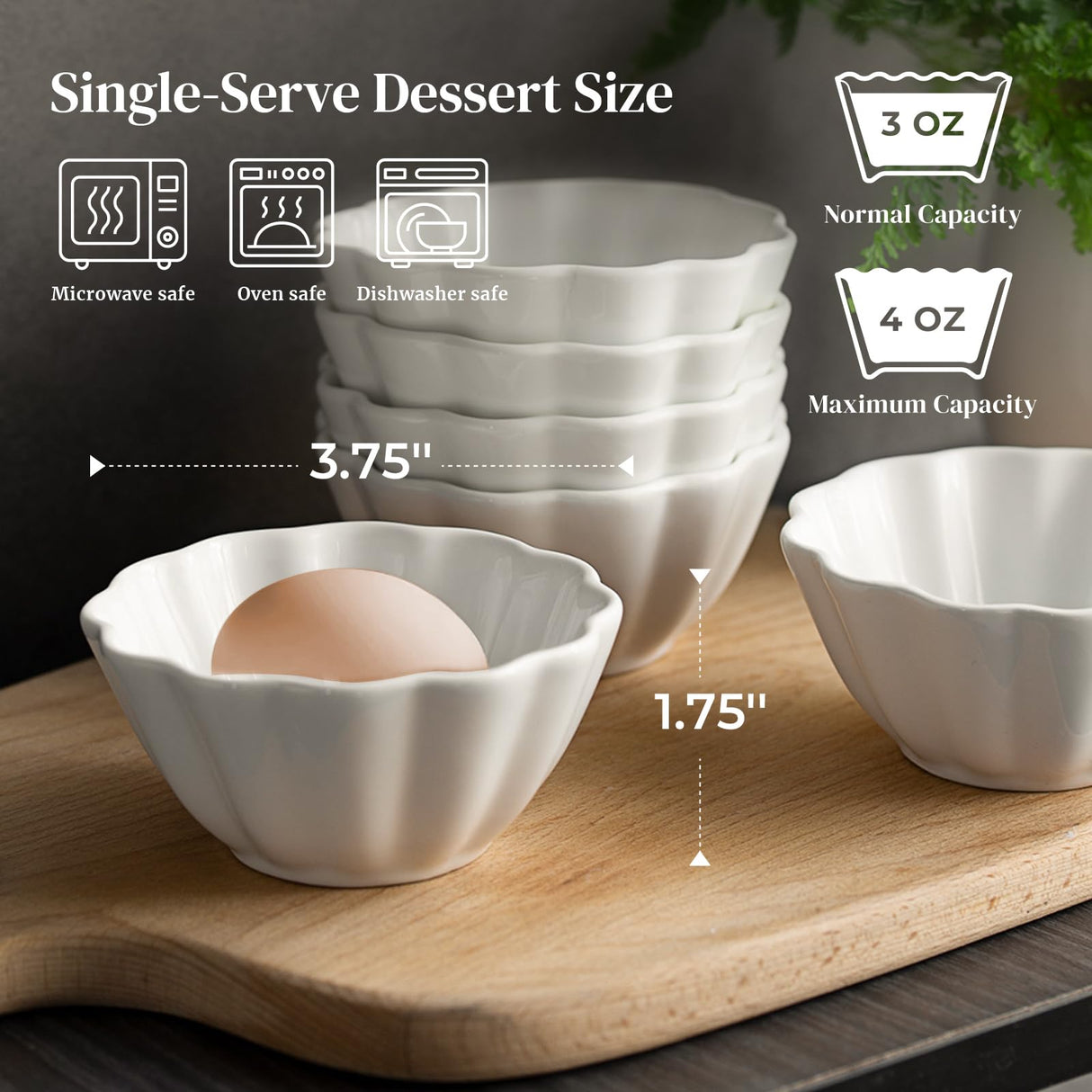 DOWAN Ramekins 4 oz, Creme Brulee Ramekins, Ramiken Oven Safe for Baking, Souffle Dishes Custard Cups, Porcelain Small Dipping Sauces Charcuterie Dessert Bowls, Ceramic Pudding Cups, Set of 6, White DOWAN