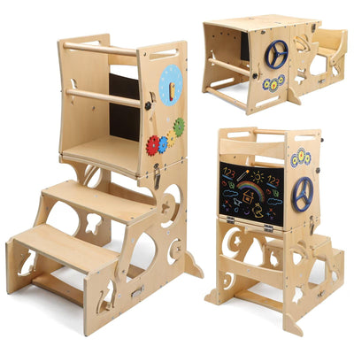Toddler Tower, Toddler Step Stool Standing Tower with Blackboard Removable Bars Kids Learning Wooden Tower with Montessori Toys Toddler Step Stool for Bathroom Counter