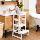 Kids Kitchen Step Stool for Kids with Safety Rail,Solid Wood Construction Toddler Learning Stool, Montessori Toddlers Kitchen Stool Tower (White) Wiifo