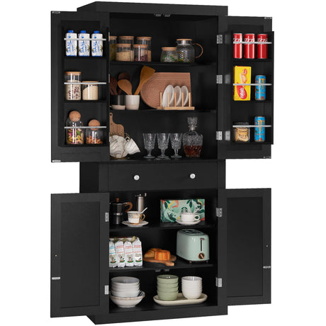 TEENFON 72” Kitchen Pantry Cabinet, with 6 Hanging Shelves & 1 Large Drawer, Adjustable Shelf, for Dinging Room, Living Room, Black TEENFON