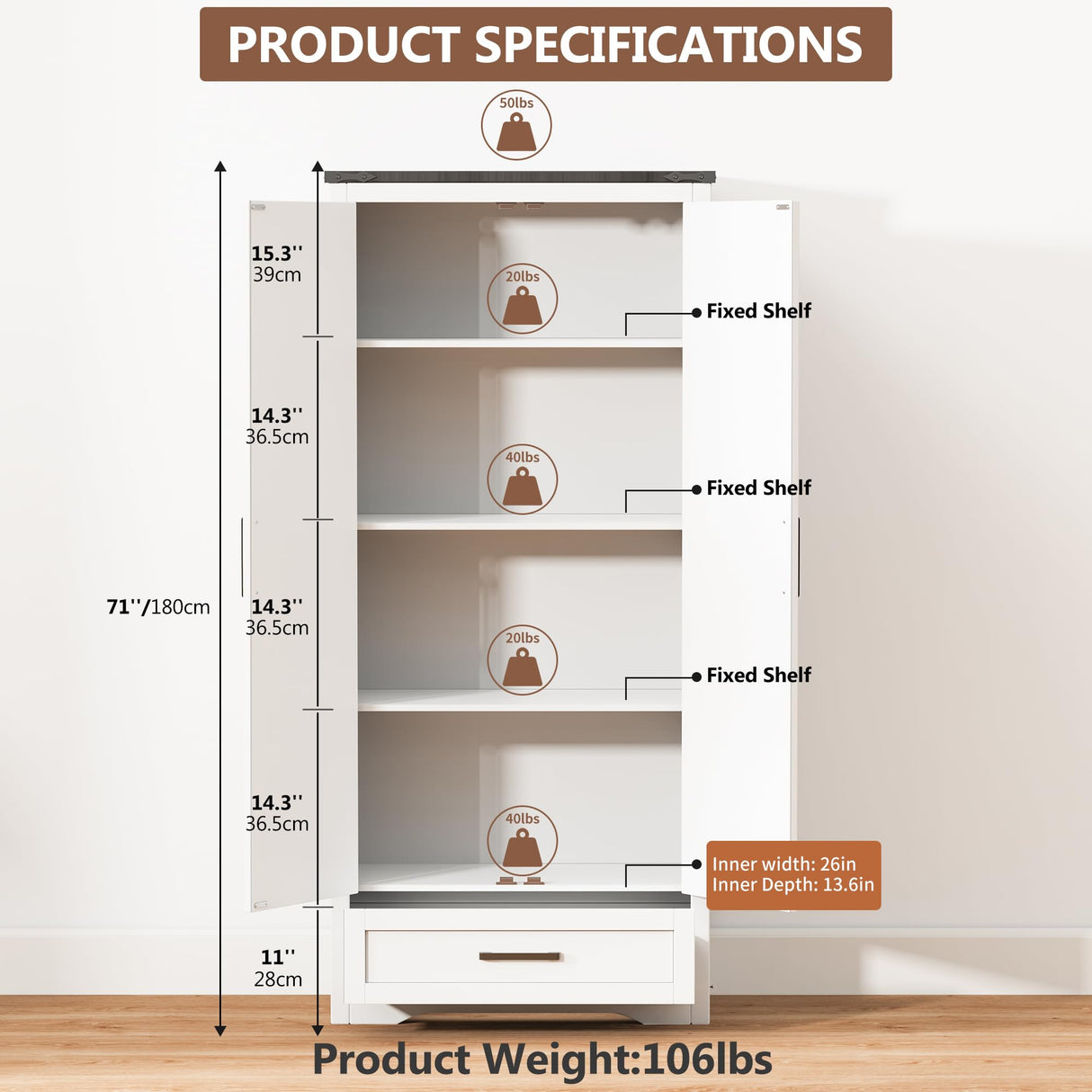 72" Tall Farmhouse Kitchen Pantry with Drawer and 4 Shelves, Large Wood Kitchen Storage Cabinets with 2 Barn Doors & Drawer, Versatile Storage for Dining Room, Bathroom, Antique White Brelley