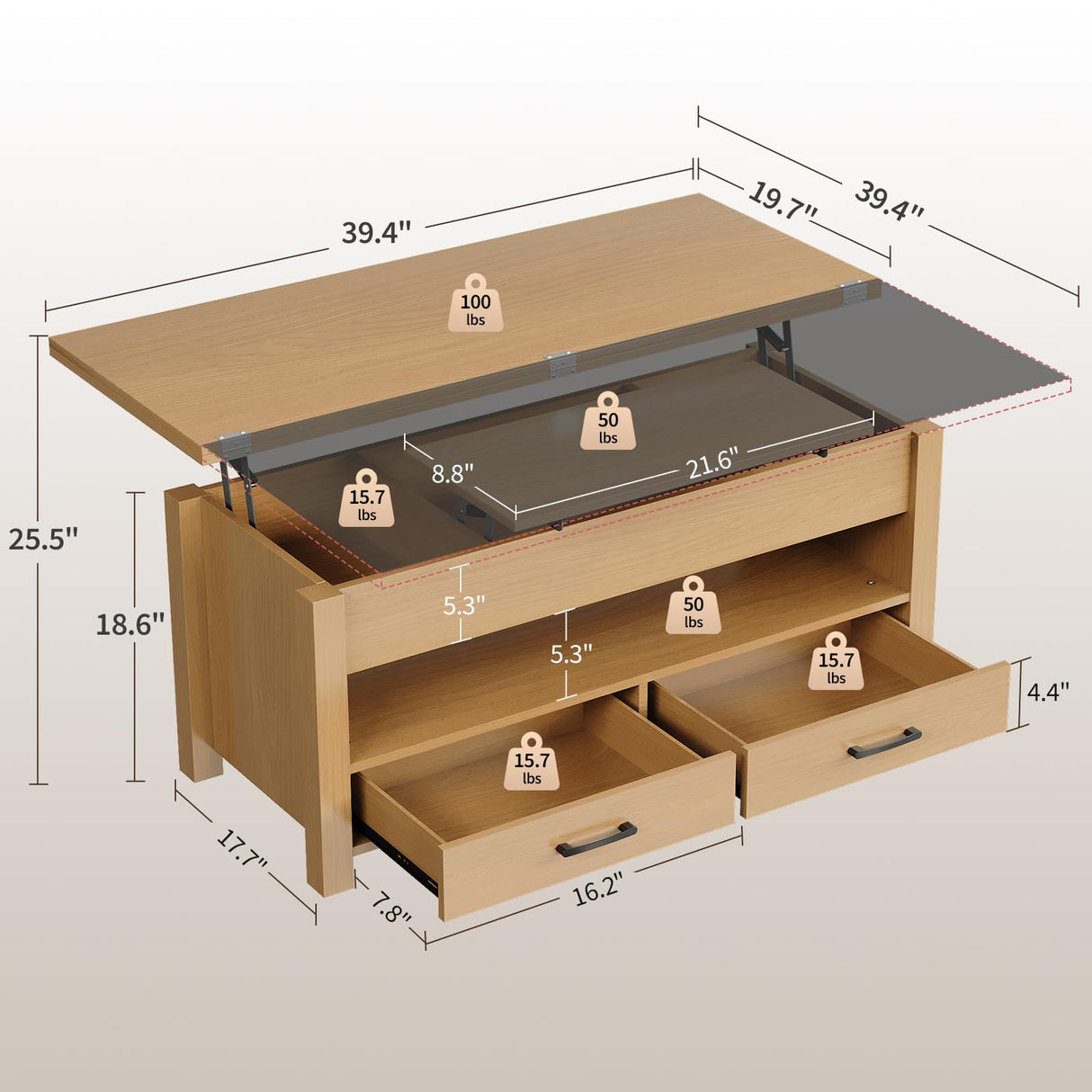 Garvee 40" Coffee Table Lift Top, Multi-Function Convertible Coffee Table with Drawers and Hidden Compartment, Converts to Dining Table for Living Room, Raw Wood Garvee