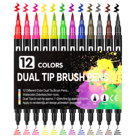 GPLMQ Double Tip Brush Pens Art Markers, 12 Fine Point Coloring Markers for Kids Adult Book Halloween Journaling Note Taking Lettering Calligraphy Drawing Art Craft Supplies Kit GPLMQ