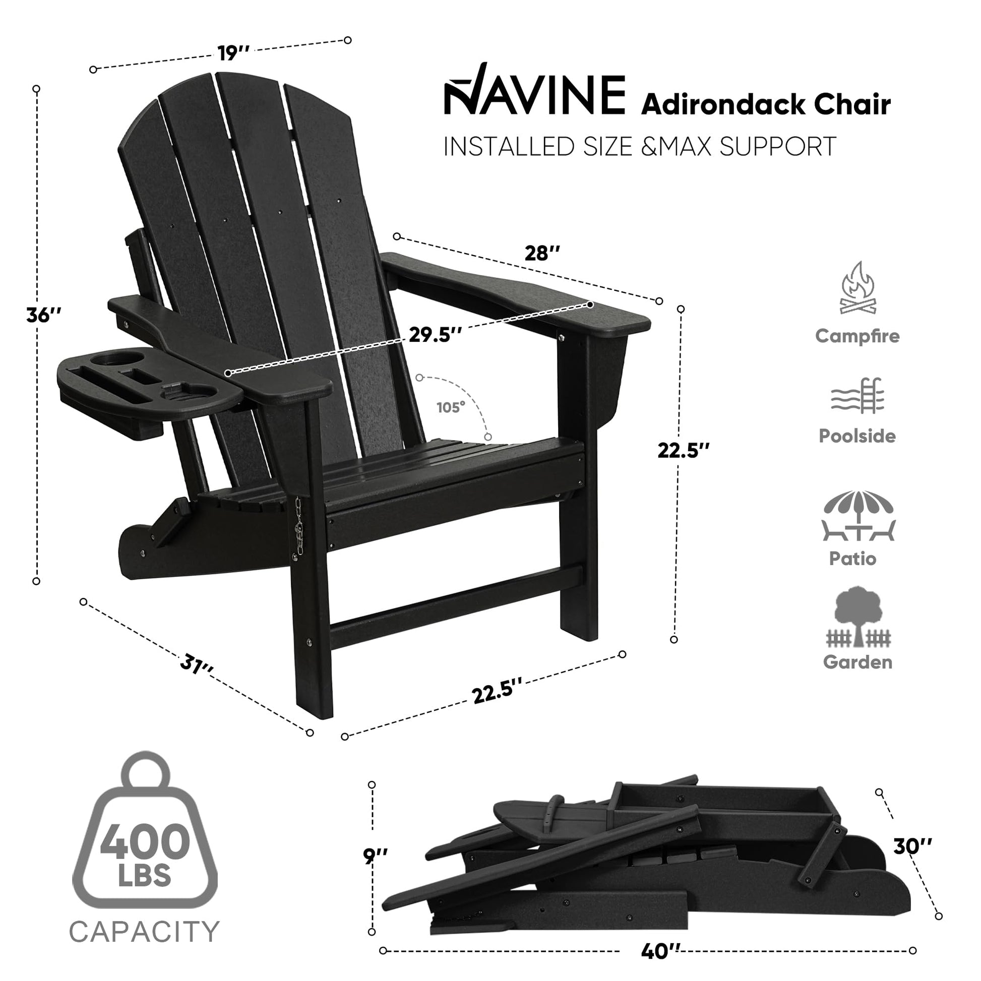 NAVINE Adirondack Chair Set of 4, HDPE Folding Adirondack Chair with Multifunctional Cup Holder, Weather Resistant Fire Pit Chair for porches, patios, poolsides, Decks. - WoodArtSupply