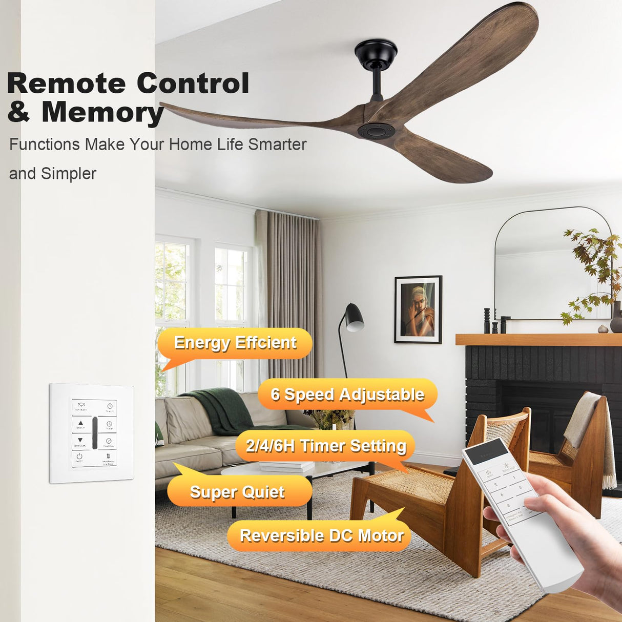 60 Inch Solid Wood Ceiling Fan No Light,Propeller Outdoor Ceiling Fans Without Lights with Wall Switch and Remote Control,Quiet DC Motor,3 Blades Ceiling Fan for Patios,Living Room,Bedroom Neatmeat