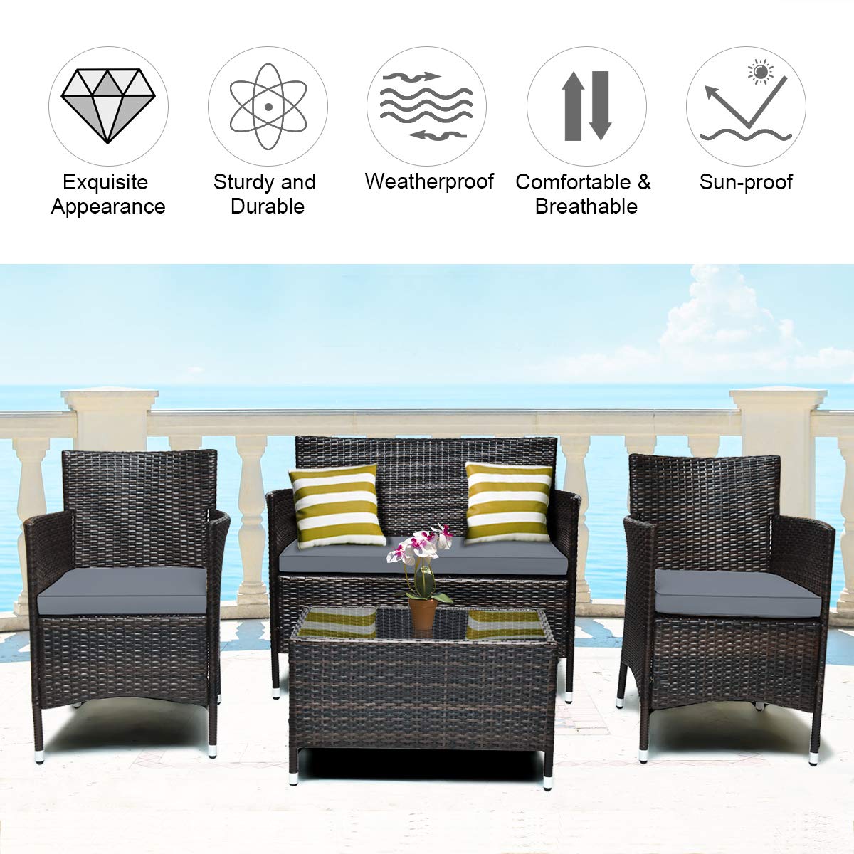 COSTWAY 4PCS Rattan Patio Furniture Set, Outdoor Wicker Rattan Chairs with Coffee Table, Rattan Cushioned Conversation Set for Backyard Balcony Porch Poolside, Grey