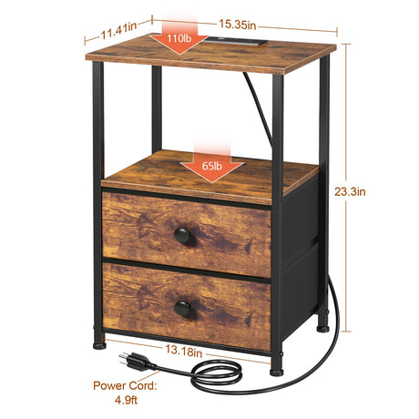 LOAKEKEL Night Stand Set 2, LED Nightstand with Charging Station, End Tables with Storage Shelf, Bedside Table with 2 Fabric Drawers for Bedroom, Small Spaces, Rustic Brown HETS02PBR LOAKEKEL
