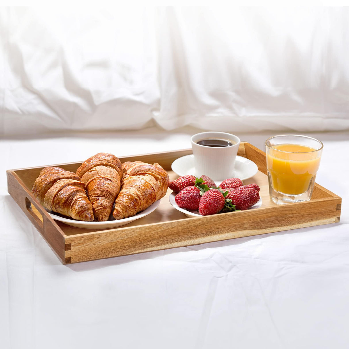 KITEISCAT Acacia Wood Serving Tray with Handles - 17-Inch Decorative Wooden Tray - Perfect for Breakfast, Lunch, Dinner, Appetizers, Patio, Ottoman, Coffee Table - Durable Living Room and Couch Tray KITEISCAT