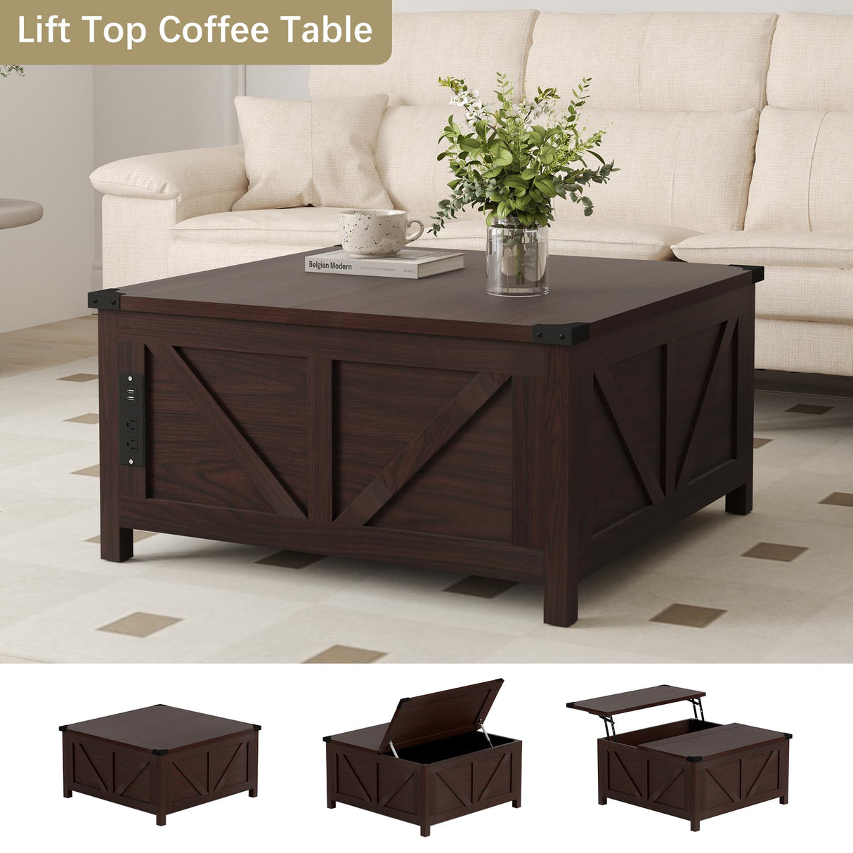 Furnivado 35'' Farmhouse Lift Top Coffee Table, Coffee Table with Storage and Large Hidden Storage, Square Coffee Table with Charging Station&USB Ports, Lift Coffee Tables for Living Room, Brown Furnivado