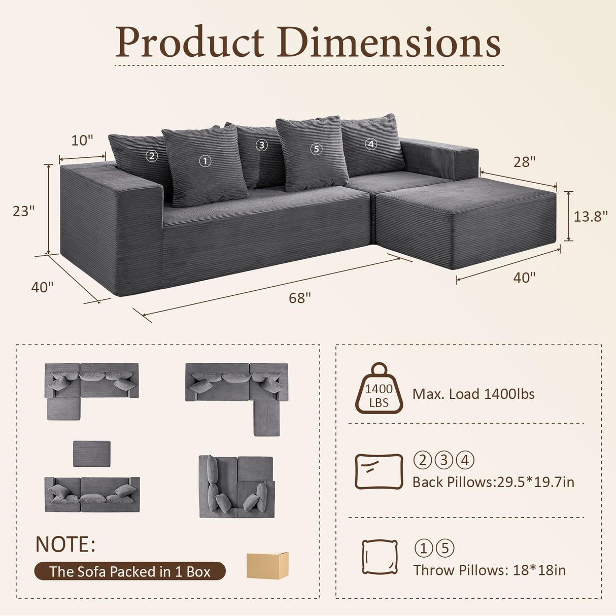 INGEROOM 108" Cloud Sectional Couch with L-Shape Chaise, Modular Sofa Memory Foam, Boneless Sofa with Movable Ottoman, Upholstered Couches for Living Room Bedroom, No Assembly Required, Dark Gray INGEROOM