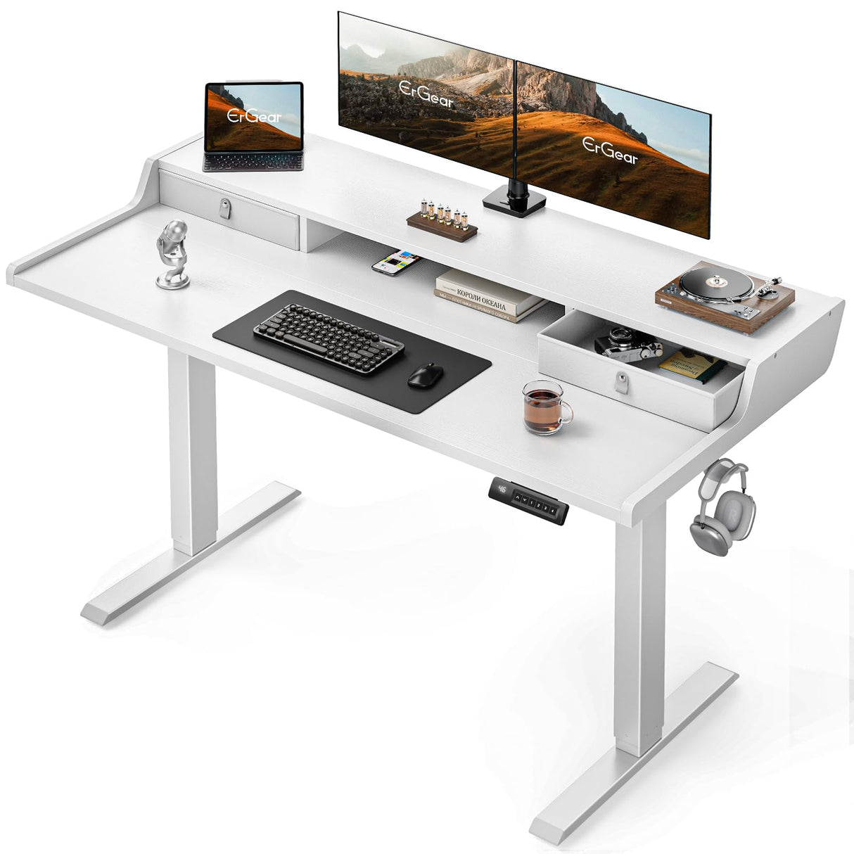 ErGear Electric Standing Desk with Drawers, 55″ x 28″ Gaming Desk with Monitor Stand, C-Clamp Mount Compatible, Home Office Height-Adjustable Desk with Storage Shelf, 4 Preset Heights, White, EGESD37W ErGear