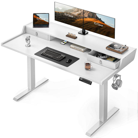 ErGear Electric Standing Desk with Drawers, 55″ x 28″ Gaming Desk with Monitor Stand, C-Clamp Mount Compatible, Home Office Height-Adjustable Desk with Storage Shelf, 4 Preset Heights, White, EGESD37W ErGear