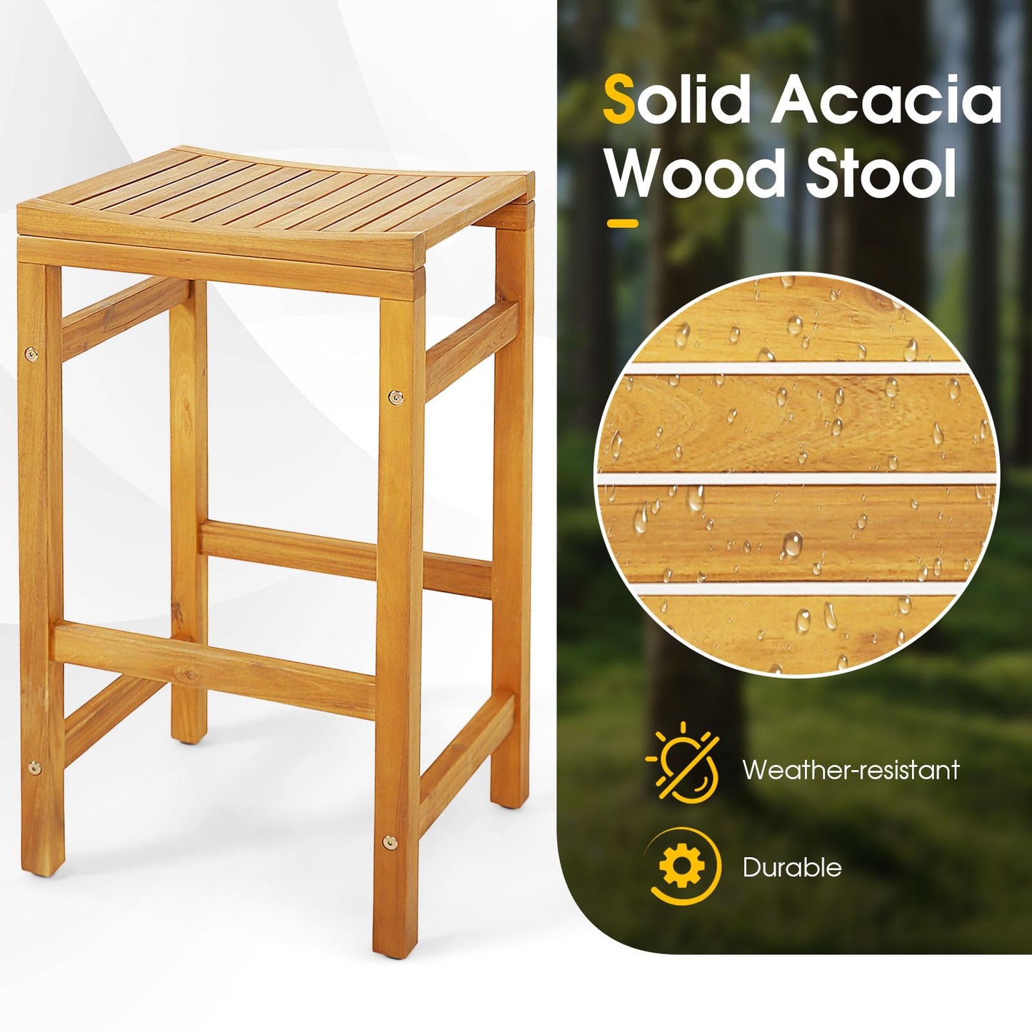 Tangkula 5-Piece Outdoor Acacia Wood Bar Set with High Top Table and Saddle Seat Stools