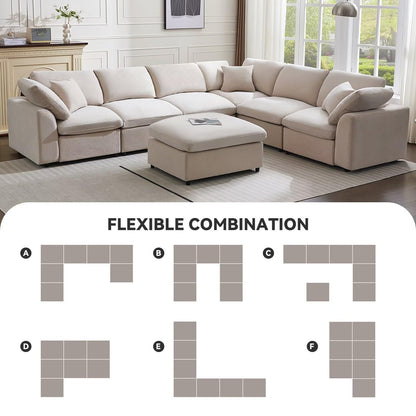 Siiejia Modular Sectional Sofa Modern Oversized Chenille Cloud Couch with Movable Ottoman 7 Seater L-Shaped Sofas Comfy Couches for Living Room Spacious Space Office Lounge, Beige