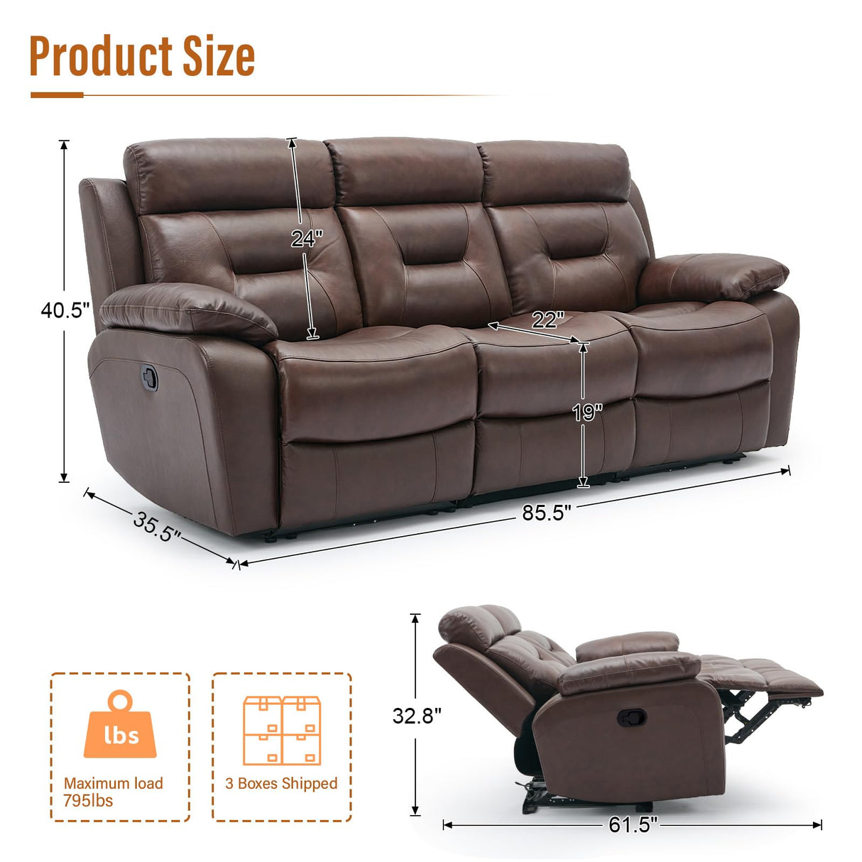 Msutree Genuine Leather Manual Reclining Sofa with Console, Oversized 3 Seater Reclining Chair, Top Grain Leather Recliner Sofa, Modern Couch for Living Room, with Drop-Down Table, Cupholders, Brown Msutree