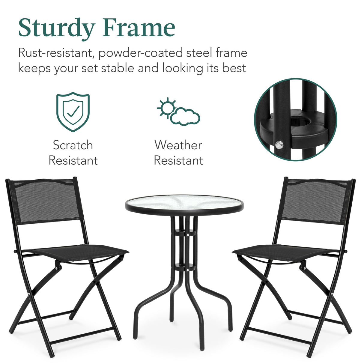 Best Choice Products 3-Piece Patio Bistro Dining Furniture Set w/Textured Glass Tabletop, 2 Steel Folding Chairs, Polyester Fabric - Black Best Choice Products