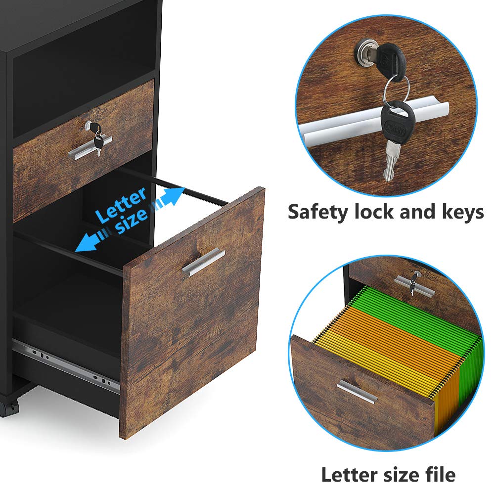 Tribesigns 2 Drawer Mobile File Cabinet with Lock, Wood Modern Filing Cabinet for Letter Size, Printer Stand with Rolling Wheels and Open Storage Shelf for Home Office(Rustic Brown) Tribesigns