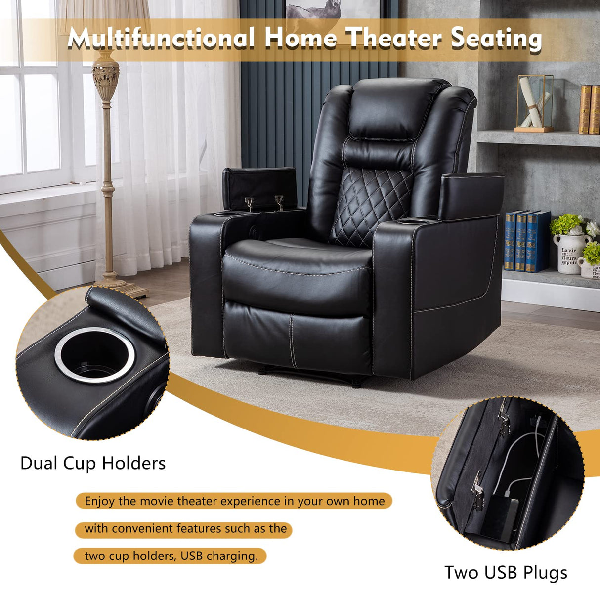 CANMOV Electric Power Recliner Chair with USB Ports and Cup Holders, Breathable Leather Home Theater Seating with Hidden Arm Storage (Black) CANMOV