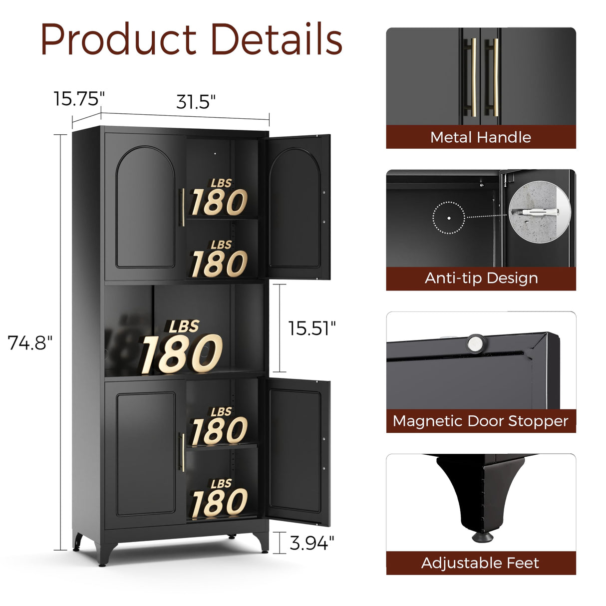 Kubohogar 75" Tall Kitchen Pantry Storage Cabinet, Metal Storage Cabinets with 4 Doors and Adjustable Shelves, Black Kitchen Hutch Cabinet with Microwave Stand, Large Cupboard for Dining Living Room Kubohogar