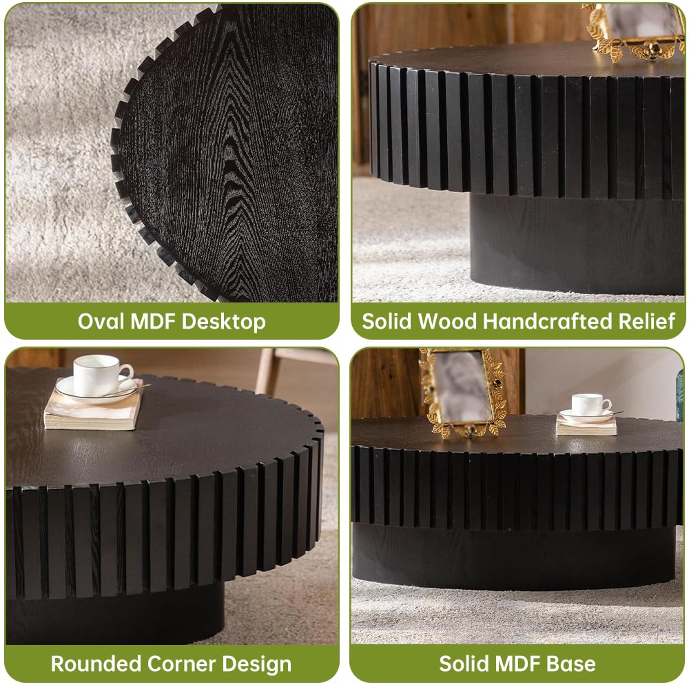 Oval Drum Coffee Table Handcraft Fluted Coffee Table Wood Round Drum Coffee Table Mid Century Modern Coffee Table Pedestal Coffee Table for Living Room Farmhouse (Black Oval) SOUWOFS