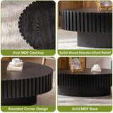 Oval Drum Coffee Table Handcraft Fluted Coffee Table Wood Round Drum Coffee Table Mid Century Modern Coffee Table Pedestal Coffee Table for Living Room Farmhouse (Black Oval) SOUWOFS