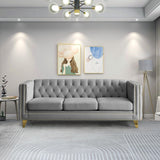 Velvet 3 Seater Sofa Couch, Comfy Couches for Living Room, Modern Sofa with Tufted Back and Rivet Decoration, Upholstered Long Couch with Solid Golden Metal Tapered Legs, Grey KINFFICT