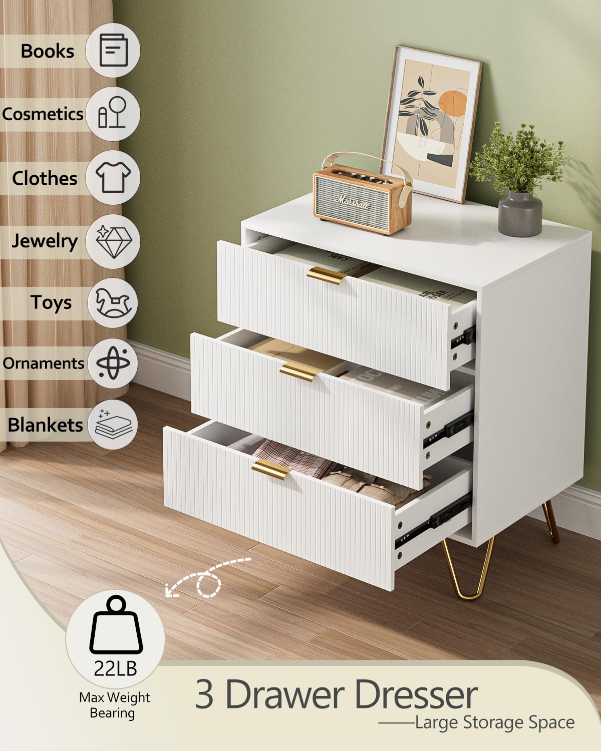 AEPOALUA Fluted 3 Drawer Dresser for Bedroom, Modern Storage Bedroom Dresser Chest Cabinet Organizer with Anti-Tip Hardware for Living Room, Dressing Room, Kids Room, Office (White) AEPOALUA