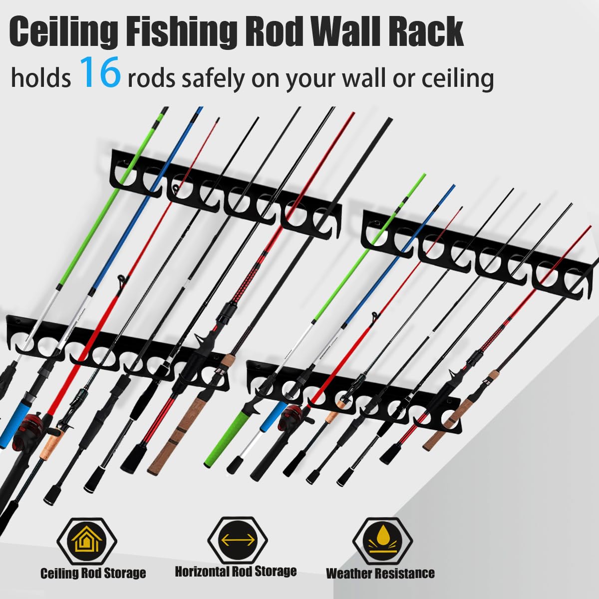 Wall or Ceiling Fishing Rod Storage Rack Vertical Horizontal Holder with 16 Capacity Fishing Rods Reels Mounted Roof Carrier Hooks Hanger for Garage Cabin and Basement Gear Accessories HangEase