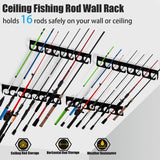 Wall or Ceiling Fishing Rod Storage Rack Vertical Horizontal Holder with 16 Capacity Fishing Rods Reels Mounted Roof Carrier Hooks Hanger for Garage Cabin and Basement Gear Accessories HangEase
