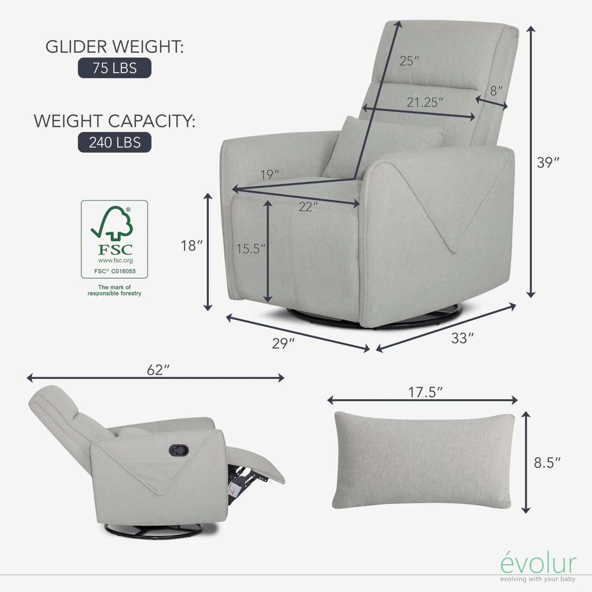 Evolur Sylas Nursery Glider Chair in Luxe Grey - Manual Recliner with 360° Swivel, Lumbar Support, Tufted Back & Side Pockets - Modern Rocking Chair for Baby Room, Nursery & Living Room Evolur