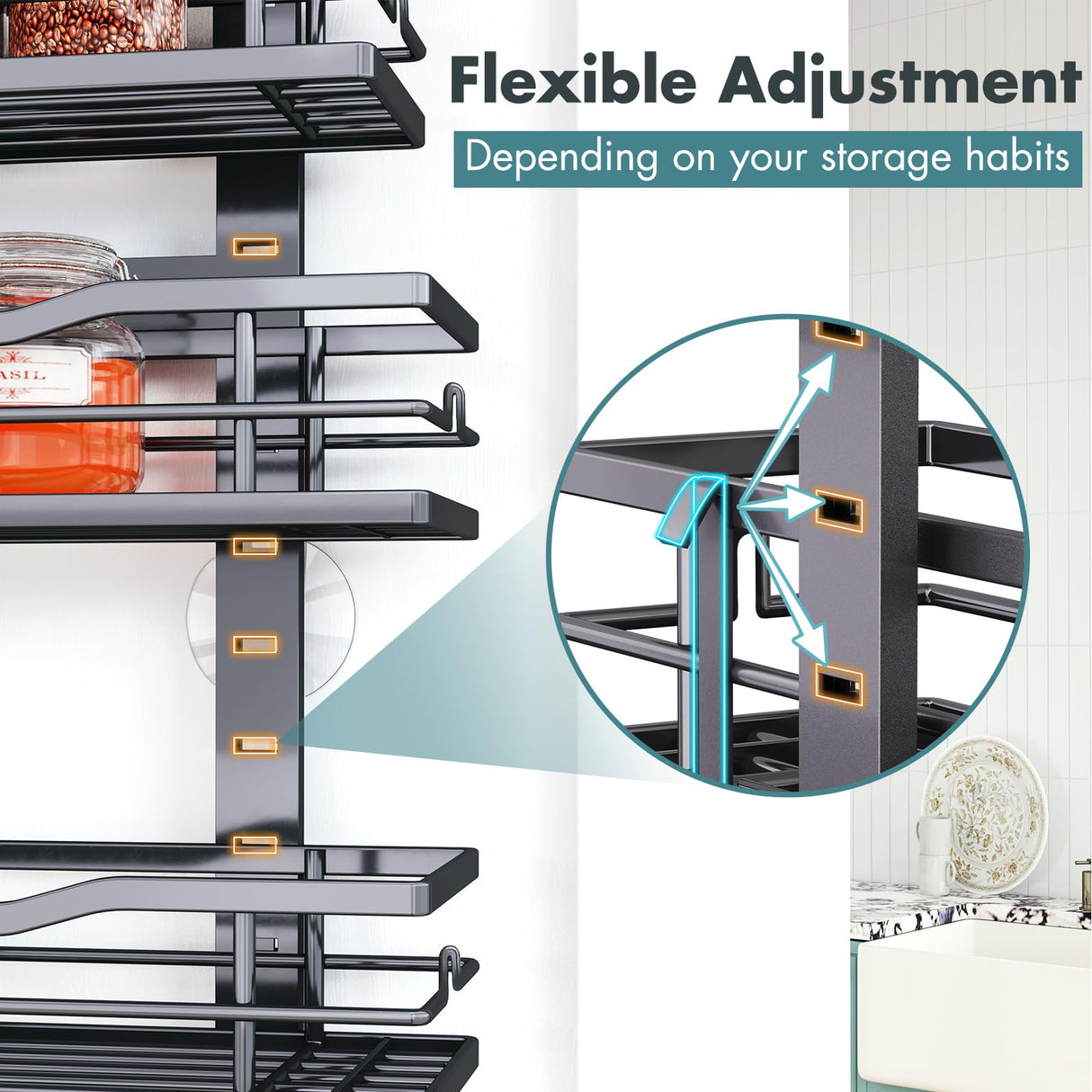 Eastherry Over The Door Pantry Organizer，9-Tier Over The Door Organizer with Adjustable Basket，Metal Hanging Pantry Organizers and Storage for Kitchen, Back of Door Seasoning Rack (Black) Eastherry