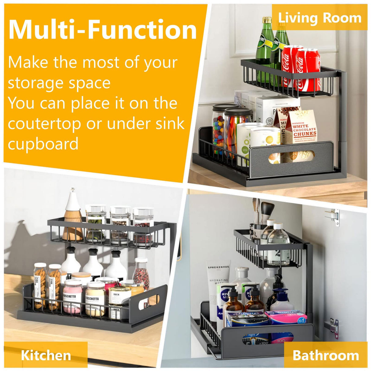 Ceetug Under Sink Organizers and Storage 2 Tier Slide Out Kitchen Cabinet Organizer Sturdy Metal Bathroom Storage (Black, 2 Pack) Ceetug