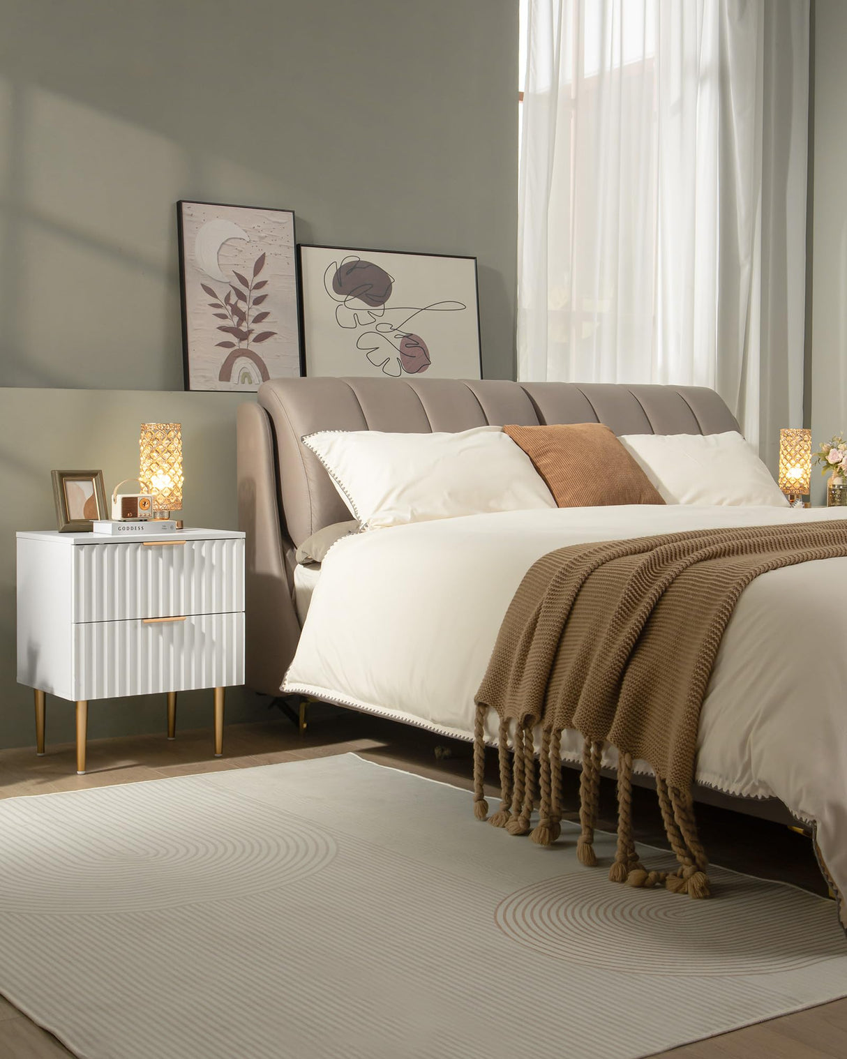 SICOTAS White Night Stand Set 2, Wide Fluted Nightstand with 2 Drawers, Modern Glossy Storage Bedside Table for Bedroom, End Side Table with Golden Metal Legs and Handles（2, White） SICOTAS