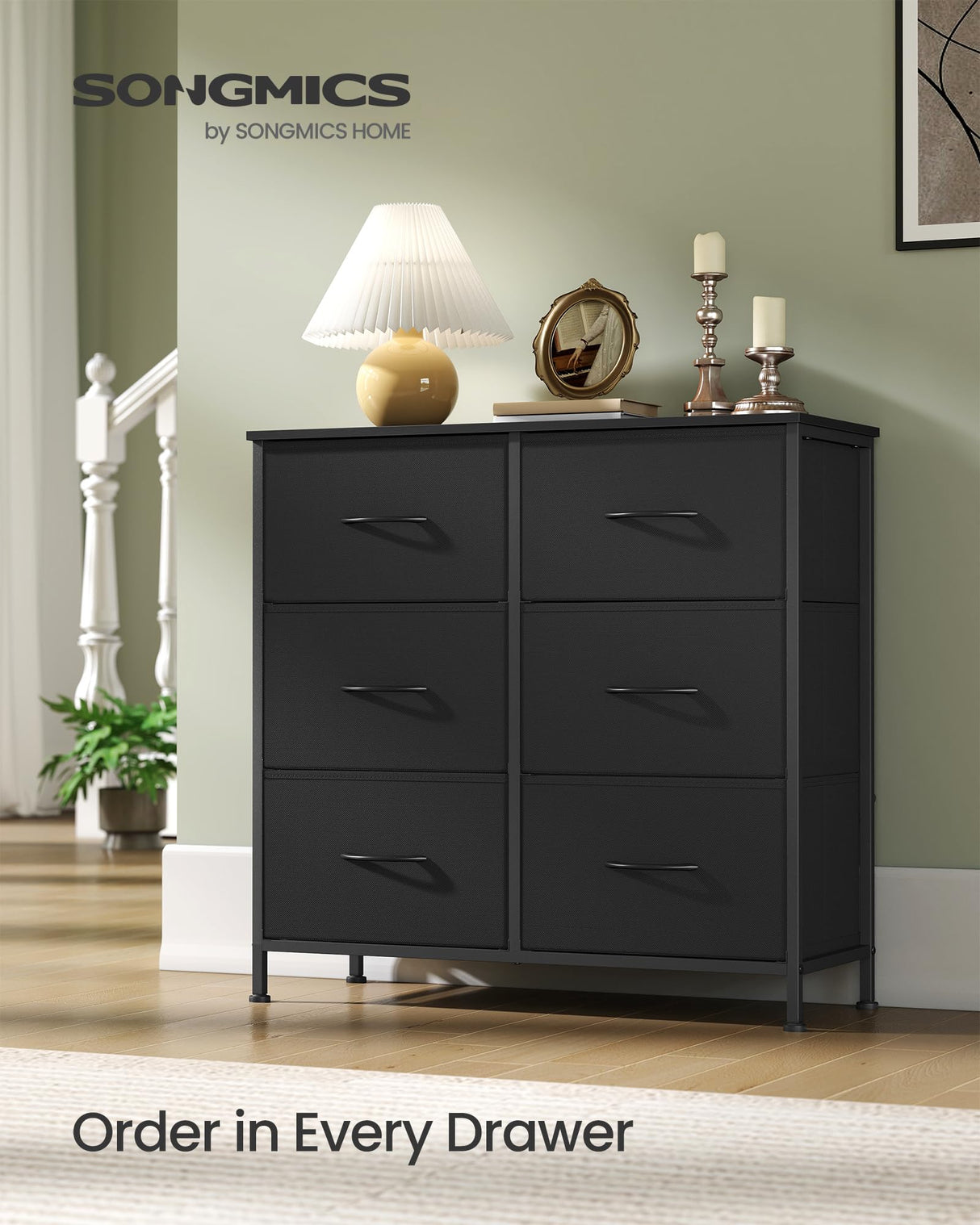 SONGMICS Dresser for Bedroom, Chest of Drawers, TV Stand, Steel, MDF, 6 Non-Woven Fabric Drawers, Storage Organizer Unit, Closet, Entryway, Ink Black and Ebony Black ULGS123B01S SONGMICS