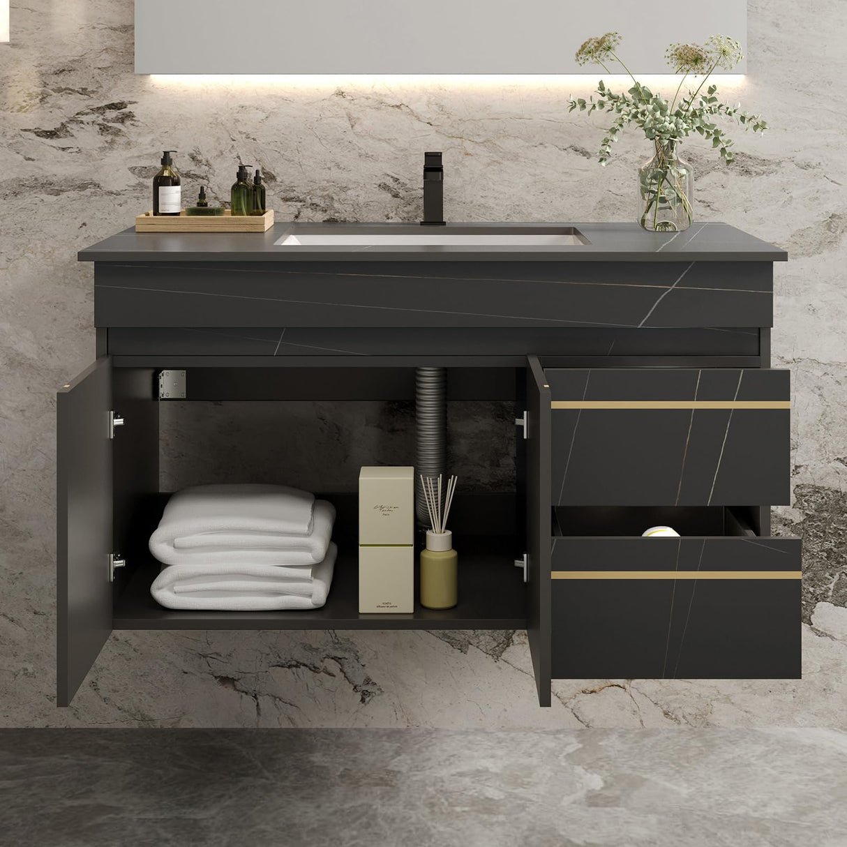 36 Inch Modern Wall Mounted Bathroom Vanity with Ceramic Sink Combo.Solid Wood Floating Bathroom Vanity Cabinet 2 Drawers and 2 Doors,Quick Assembly. Black. Glintee