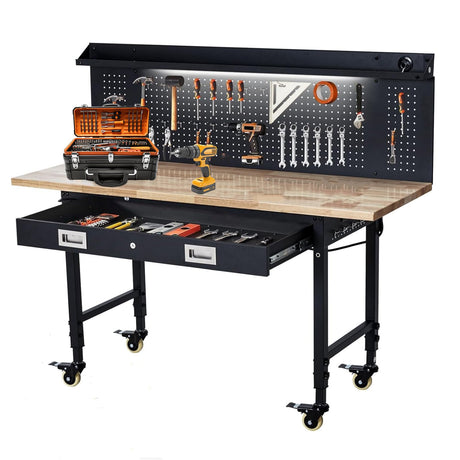 60''x22'' Adjustable Rolling Workbench, Heavy Duty Work Bench with Power Outlets, Lights, Storage Drawer, Pedboard, 30 Hooks, Wooden Tool Bench for Garage, Workshop GlowSol